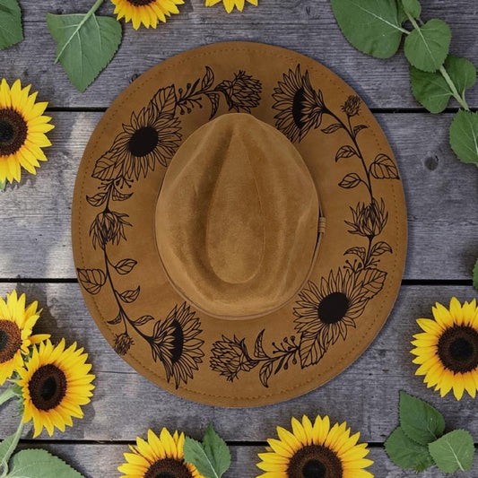 Sunflower Vegan Suede Cowboy Hat - Wide Flat Brim Rancher Style