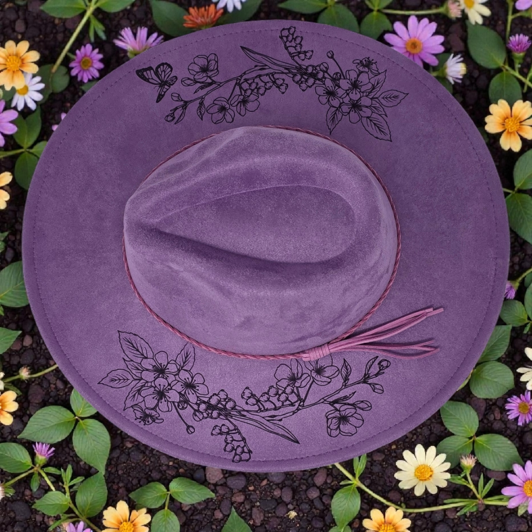 Laser Engraved Vegan Suede Wide Brim Hat – Boho Western Floral Engraving