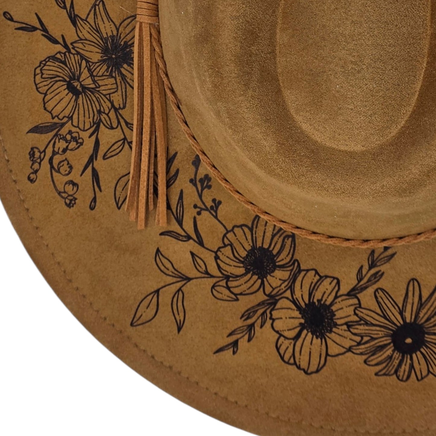 Vegan Suede Floral Dark Chestnut Rancher Style Cowboy Hat Wide Flat Brim