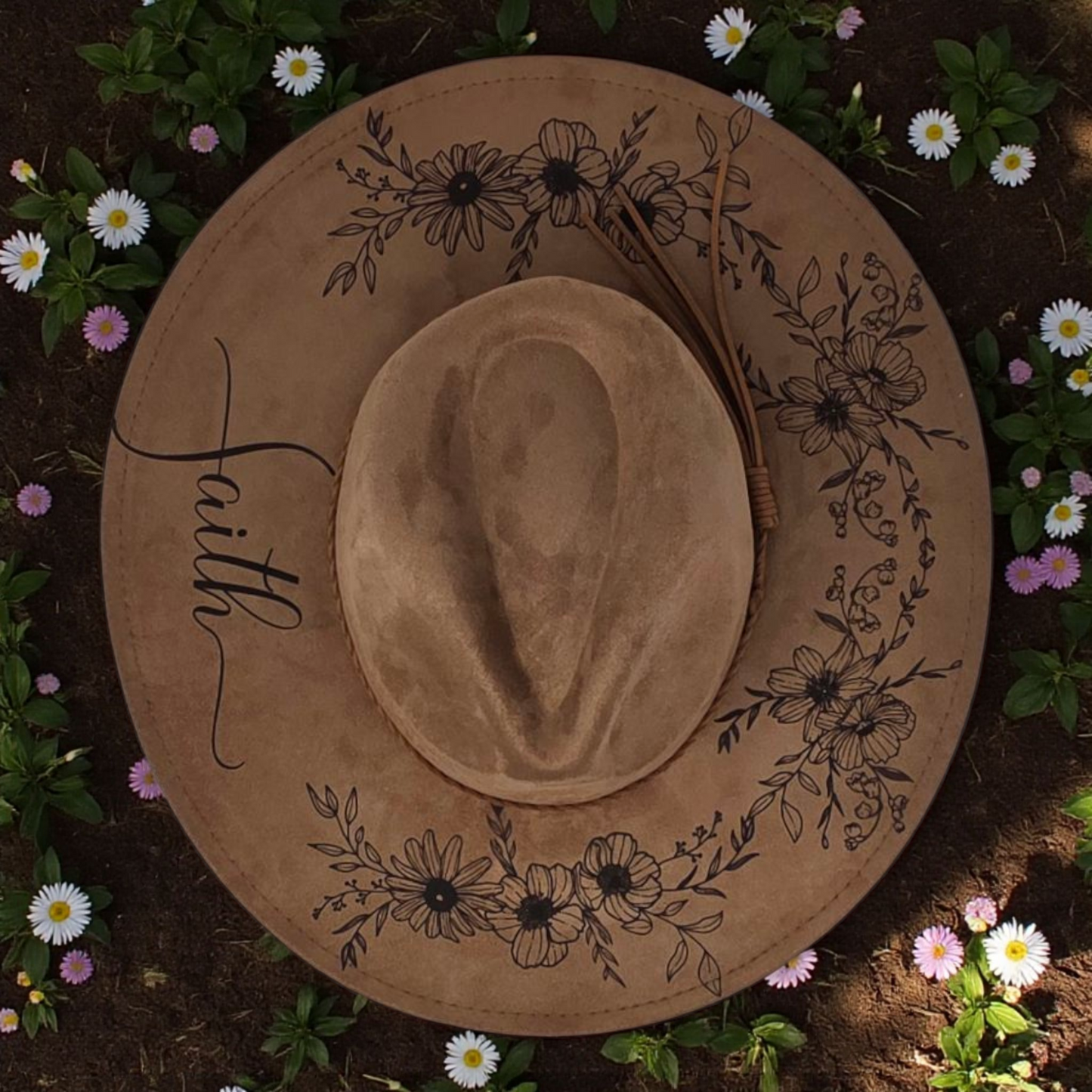 Vegan Suede Floral Dark Chestnut Rancher Style Cowboy Hat Wide Flat Brim