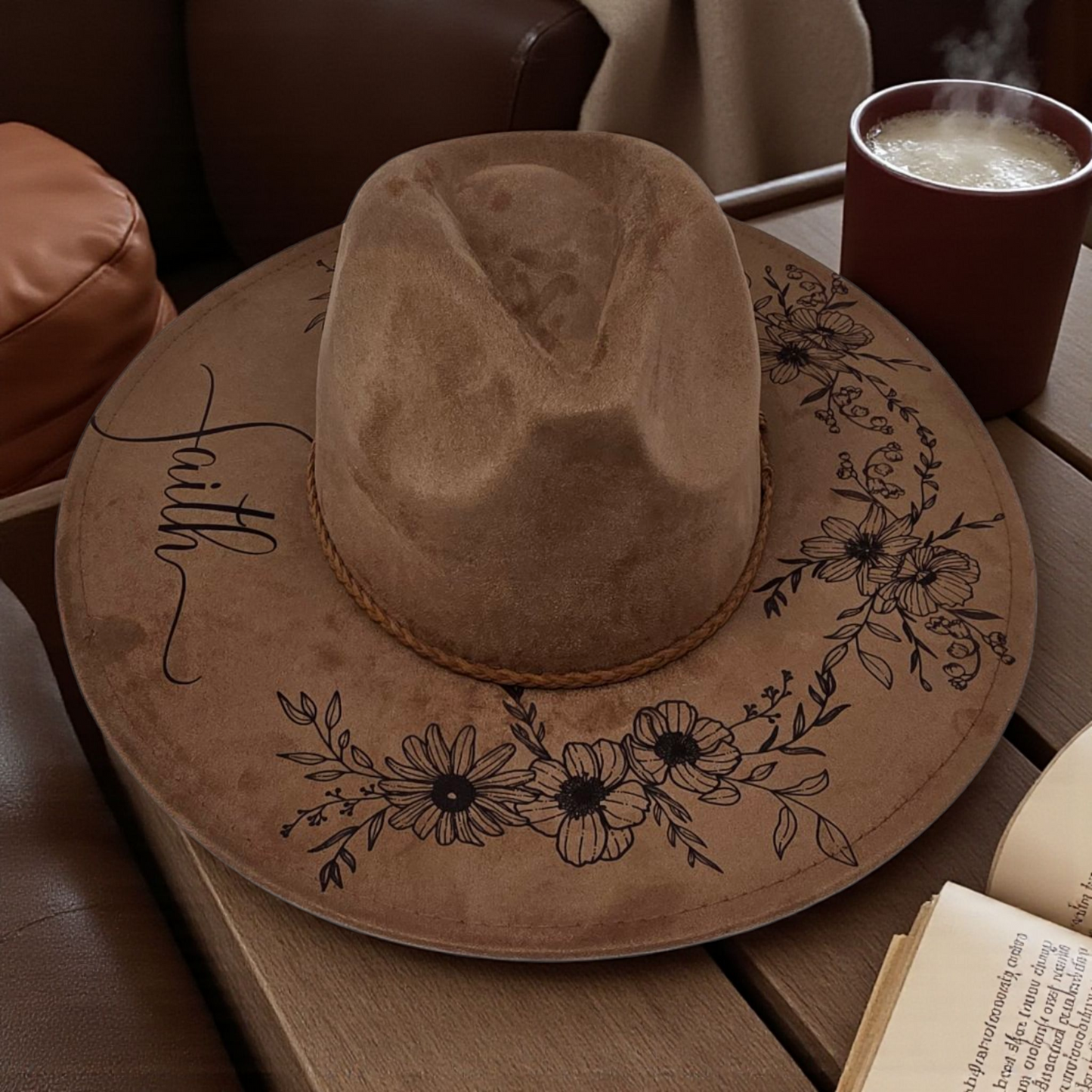 Vegan Suede Floral Dark Chestnut Rancher Style Cowboy Hat Wide Flat Brim