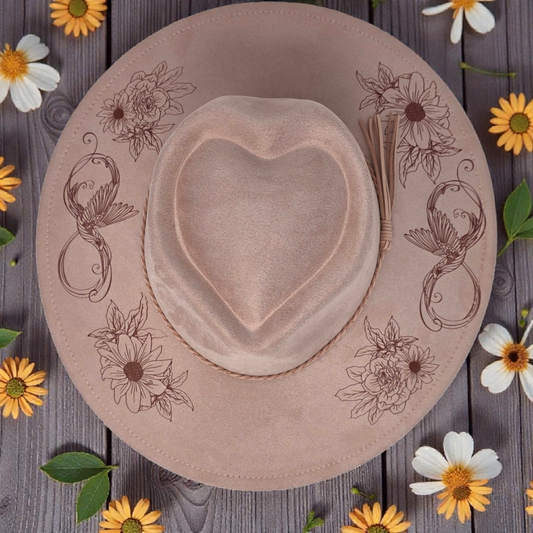 Dusty Pink Laser Engraved Vegan Suede Wide-Brim Hat – Heart Crown • Hummingbird & Floral Design
