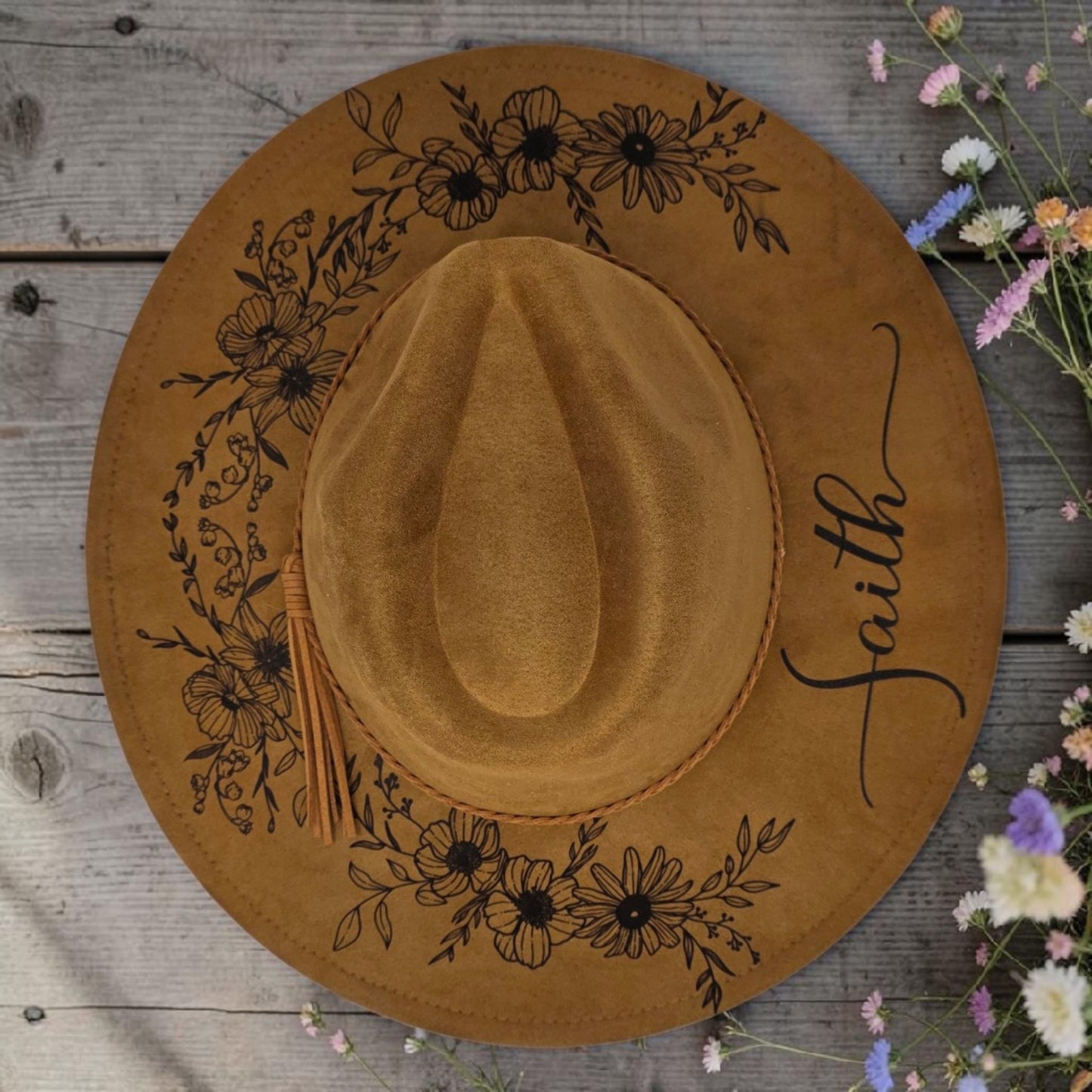 Vegan Suede Floral Dark Chestnut Rancher Style Cowboy Hat Wide Flat Brim