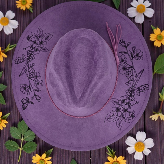 Laser Engraved Vegan Suede Wide Brim Hat – Boho Western Floral Engraving