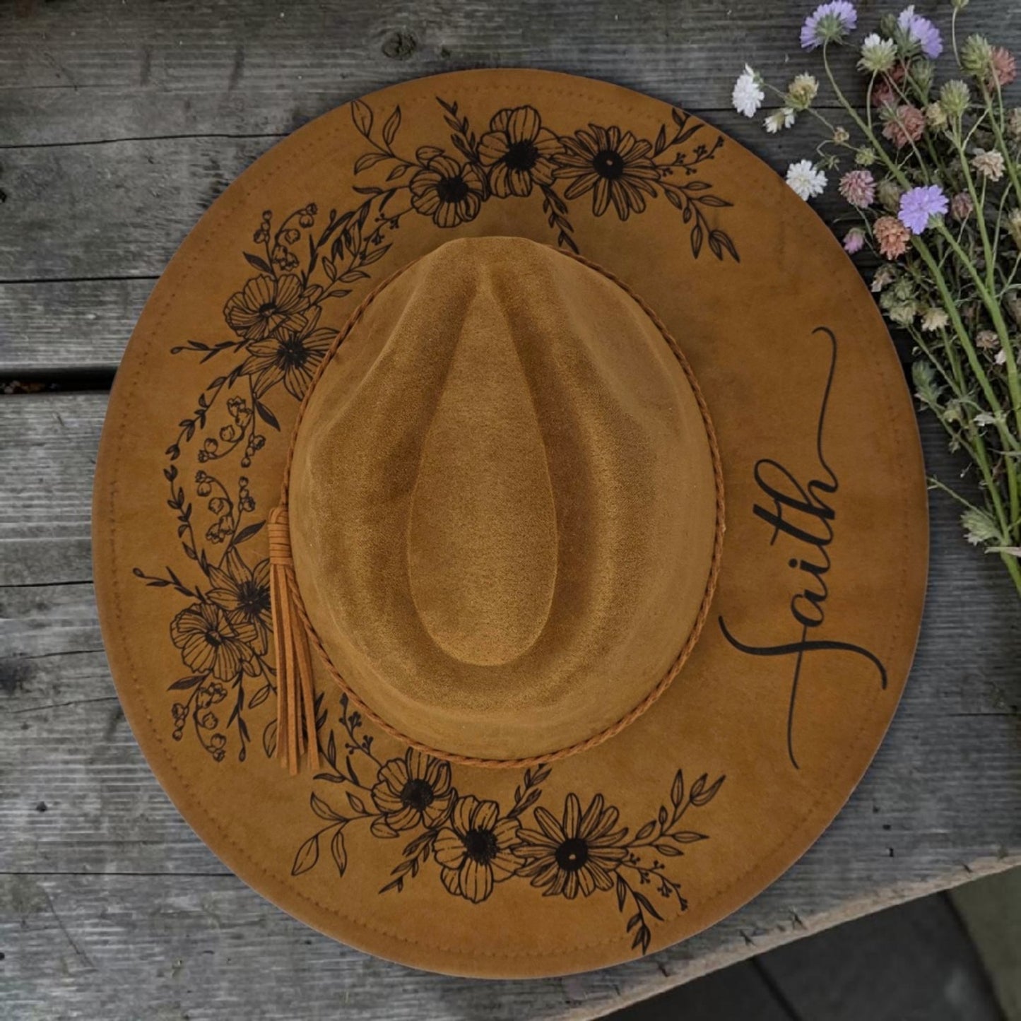 Vegan Suede Floral Dark Chestnut Rancher Style Cowboy Hat Wide Flat Brim