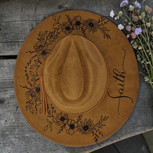 Vegan Suede Floral Dark Chestnut Rancher Style Cowboy Hat Wide Flat Brim