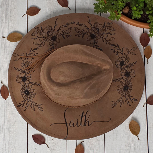 Vegan Suede Floral Dark Chestnut Rancher Style Cowboy Hat Wide Flat Brim