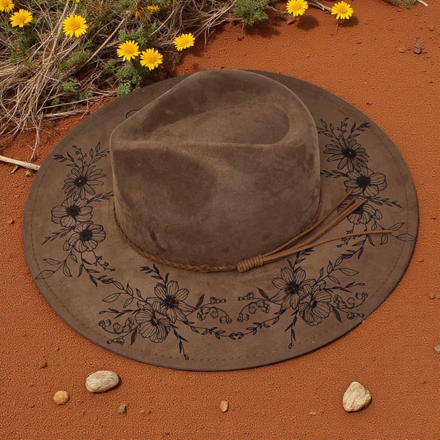 Vegan Suede Floral Dark Chestnut Rancher Style Cowboy Hat Wide Flat Brim