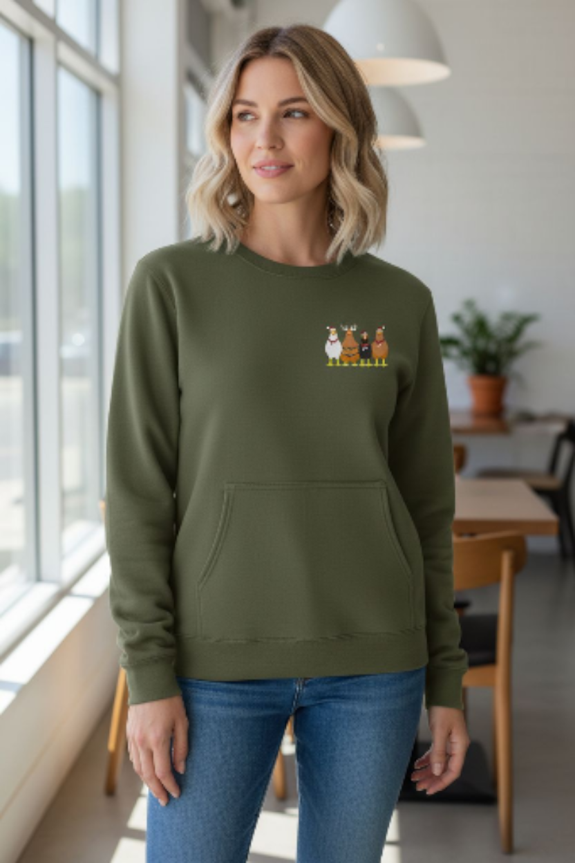 ✨ Christmas Chickens Crewneck Sweatshirt – Olive Green (Embroidered) ✨