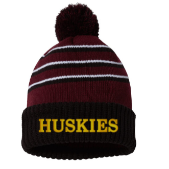 Maroon and Black Striped Belt Huskies beanie with pom pom