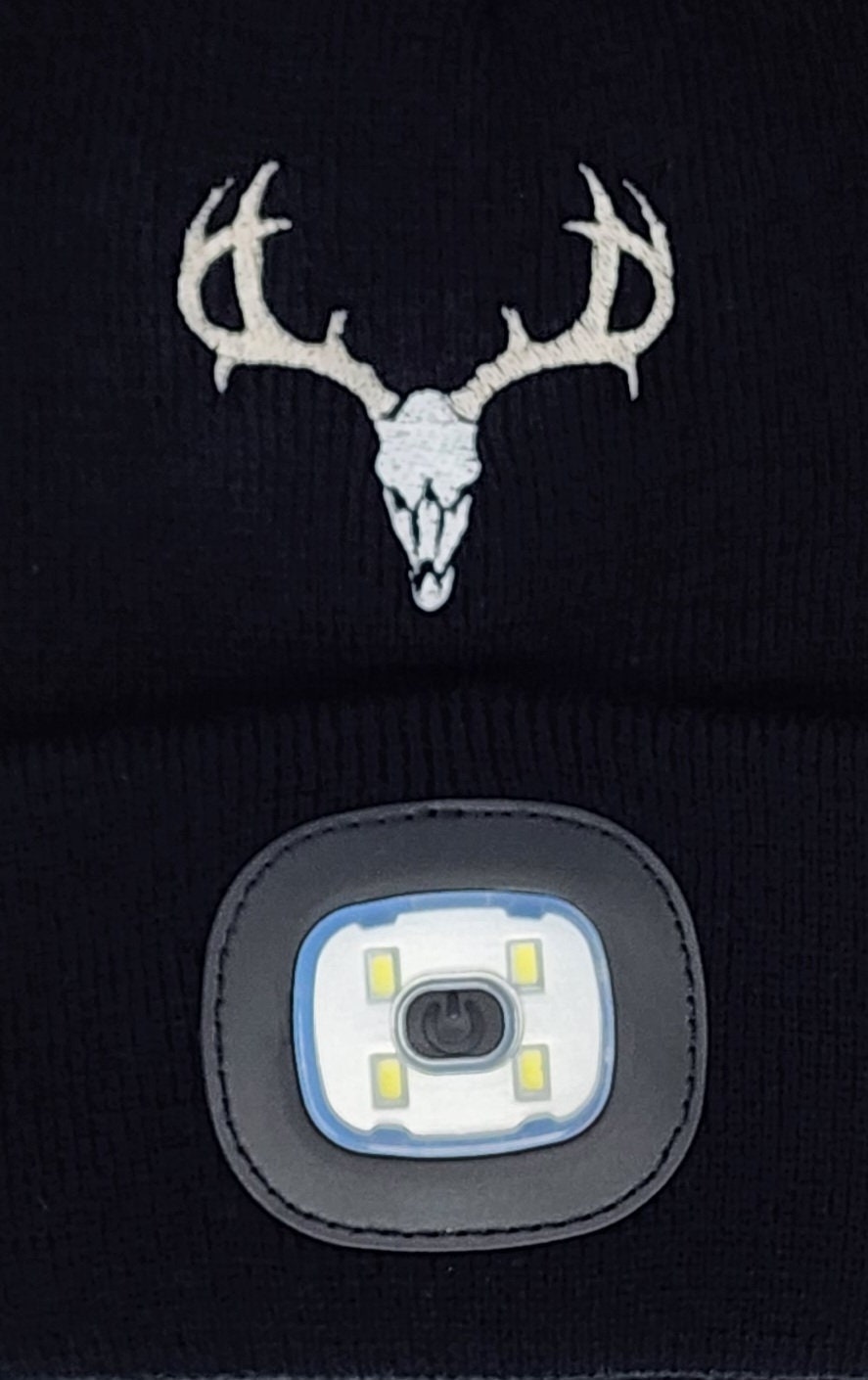 Deer Skull Embroidered Beanie with rechargeable light| Embroidered Hat | Camping | Walking | Hiking | Jogging | Night Shift