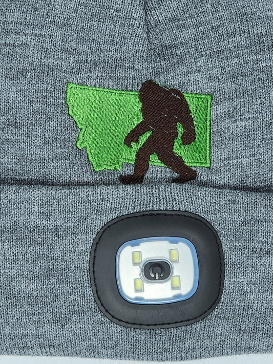 Montana Bigfoot Embroidered Beanie with rechargeable light| Embroidered Hat | Camping | Walking | Hiking | Jogging | Night Shift