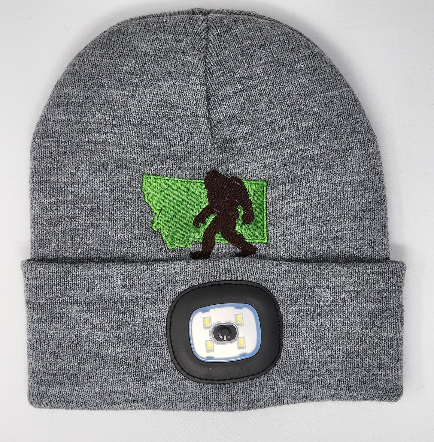 Montana Bigfoot Embroidered Beanie with rechargeable light| Embroidered Hat | Camping | Walking | Hiking | Jogging | Night Shift