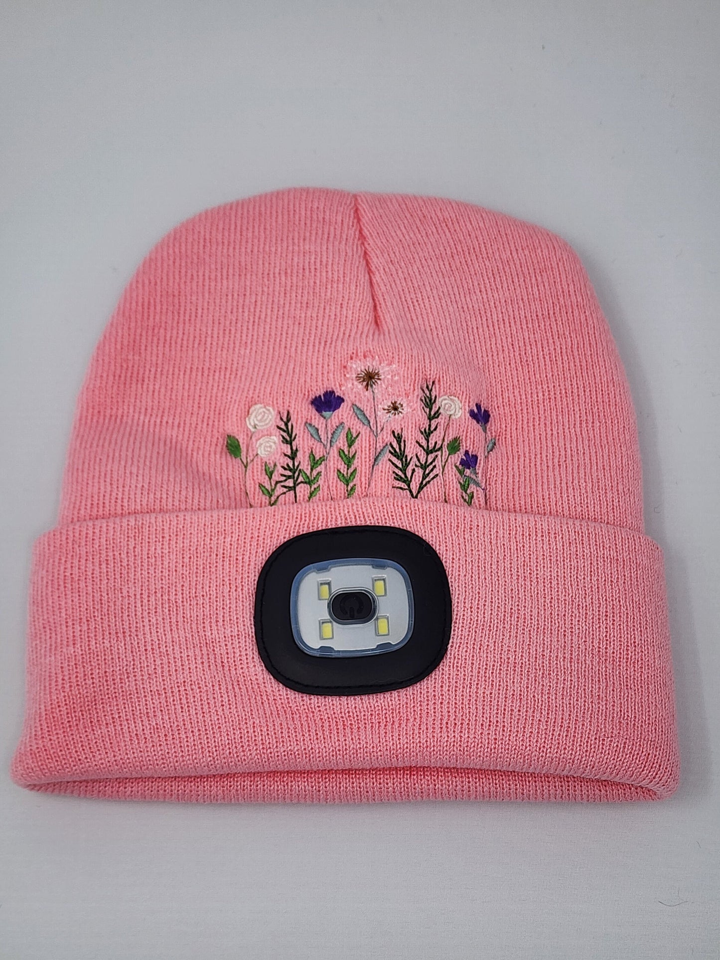 Embroidered Wildflower Beanie with rechargeable light| Embroidered Hat | Camping | Walking | Hiking | Jogging | Night Shift