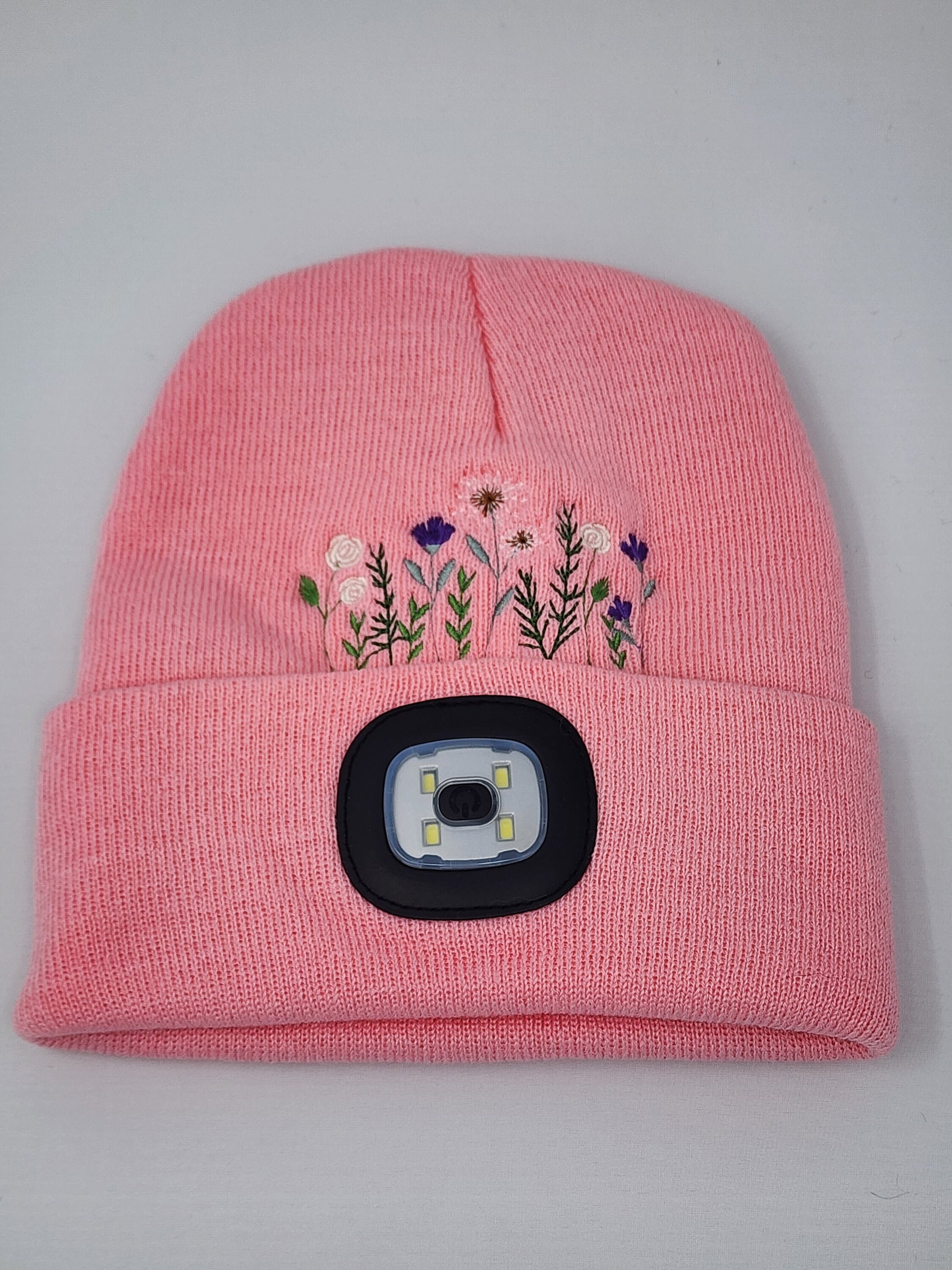 Embroidered Wildflower Beanie with rechargeable light| Embroidered Hat | Camping | Walking | Hiking | Jogging | Night Shift