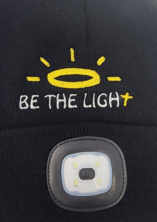 Embroidered "Be the Light" Beanie with rechargeable light| Embroidered Hat | Camping | Walking | Hiking | Jogging | Night Shift