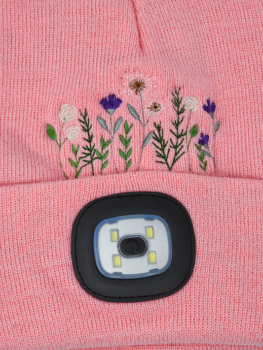 Embroidered Wildflower Beanie with rechargeable light| Embroidered Hat | Camping | Walking | Hiking | Jogging | Night Shift