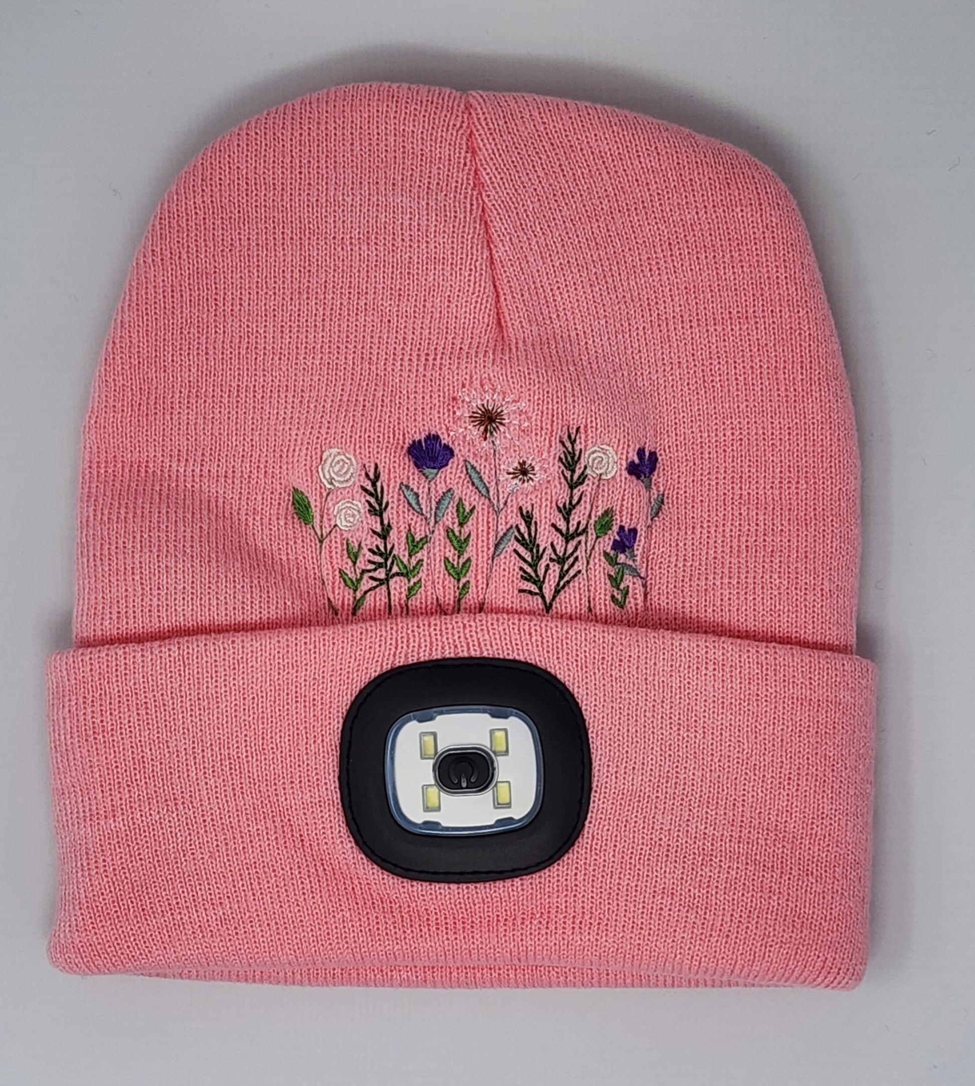 Embroidered Wildflower Beanie with rechargeable light| Embroidered Hat | Camping | Walking | Hiking | Jogging | Night Shift