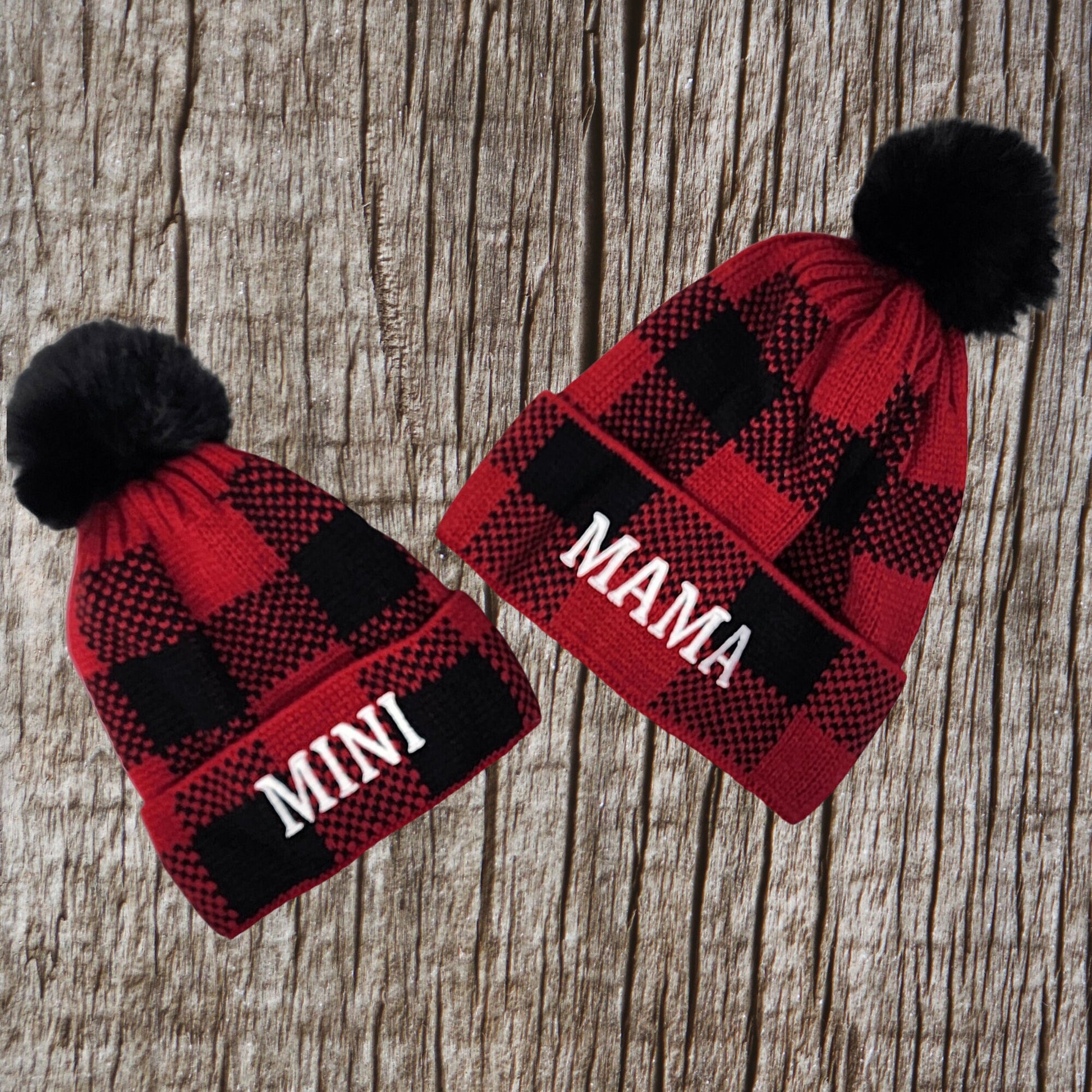 Mama/Dada/Mini Matching Red Buffalo Plaid Beanies | Personalized Embroidery | Unique gift | Mom | Dad | Son | Daughter