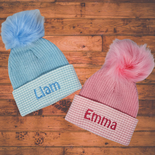 Personalized Embroidered BABY/TODDLER Beanie | Fluffy Pom | Unique Embroidered Hat | Baby Girl | Baby Boy | Toddler | Embroidered Name