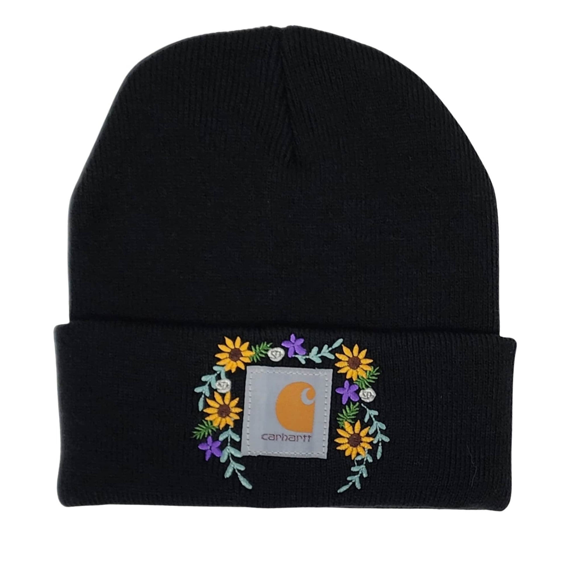 Black Beanie with Embroidered Sunflowers