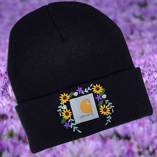 Black Beanie with Embroidered Sunflowers