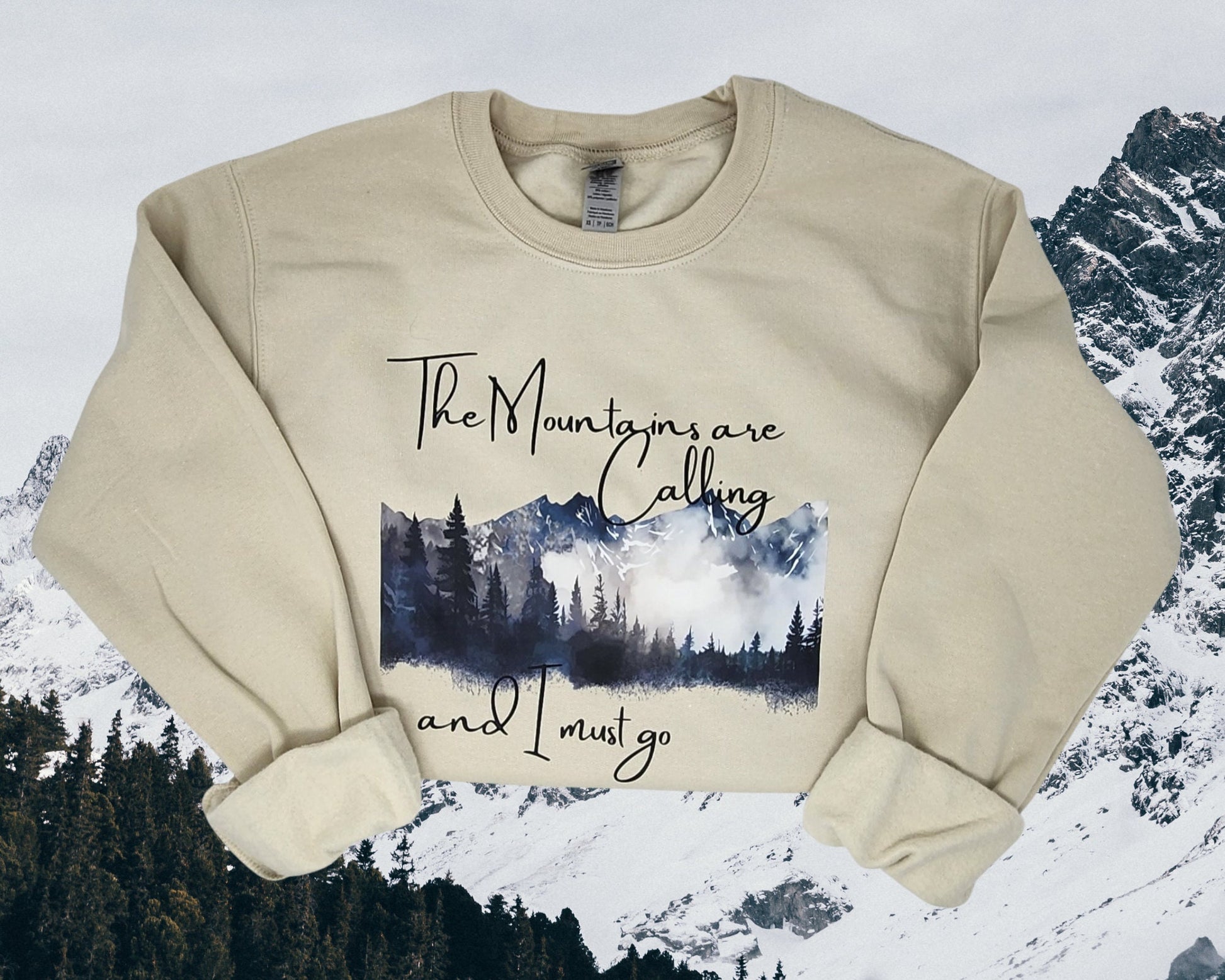 Mountain Lover Hiking Nature Lover Outdoor Camping Fishing Hunting Mountains are Calling Crewneck Sweatshirt Sand Color Unisex Sweatshirt