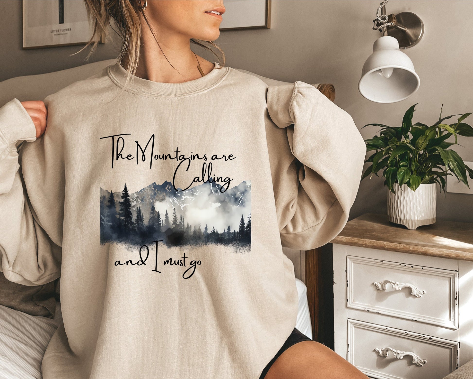 Mountain Lover Hiking Nature Lover Outdoor Camping Fishing Hunting Mountains are Calling Crewneck Sweatshirt Sand Color Unisex Sweatshirt