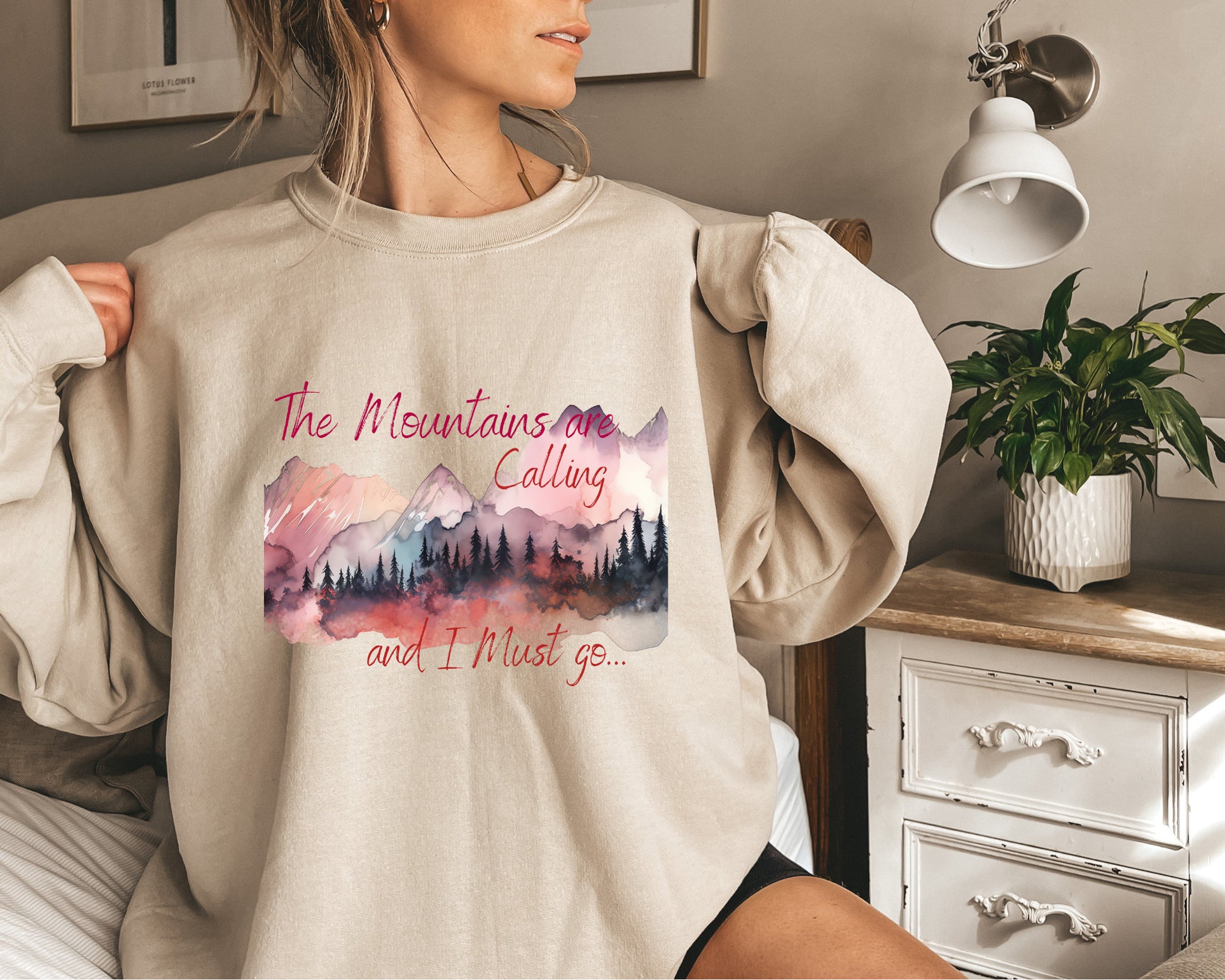 Crewneck Sweatshirt Sand Color Mountain Lover Hiking Nature Lover Outdoor Camping Fishing Mountains are Calling Woman Sweatshirt Girlfriend