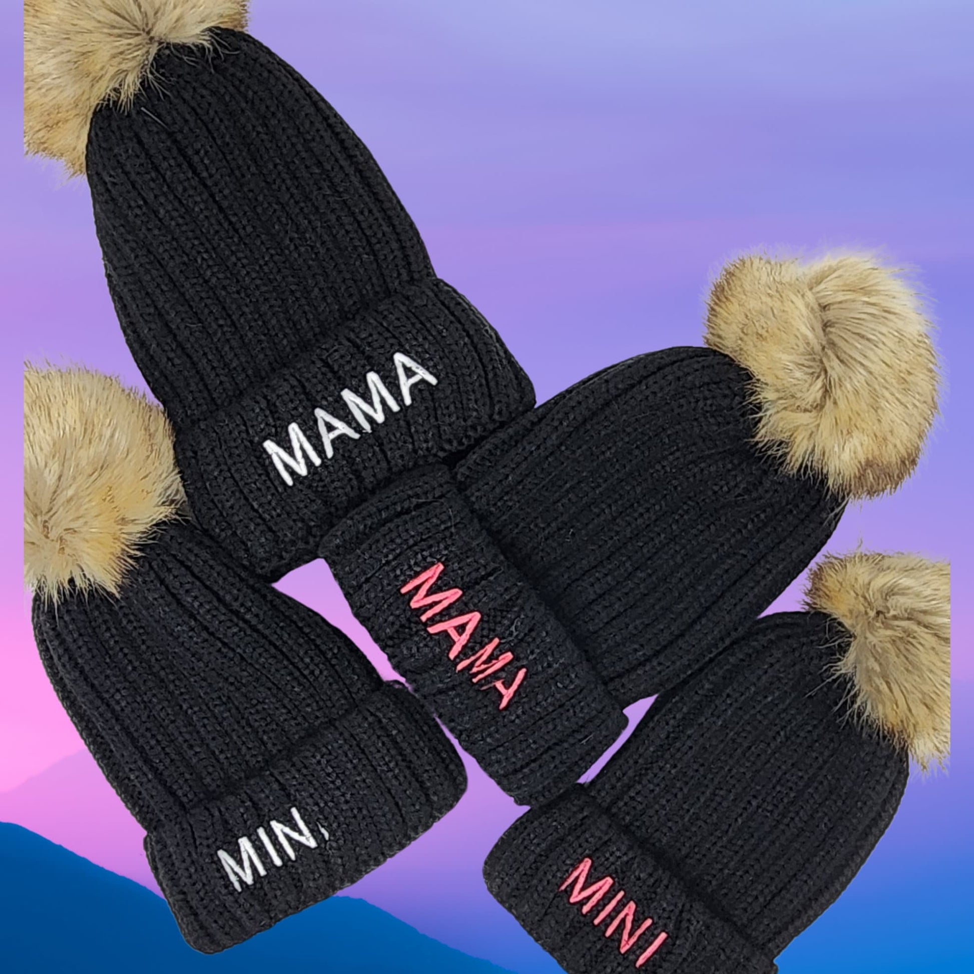 Mama Dada Mini Matching Pom Beanies Personalized Embroidery Unique gift Mom Daughter Dad Papa Son Grandma Sister Aunt